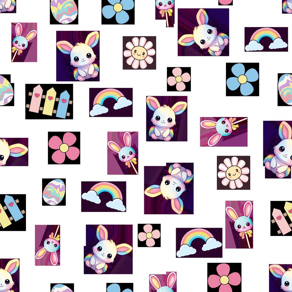 Cute Rainbow Bunny Flowers Eggs Pastel Spring Easter Wildflower