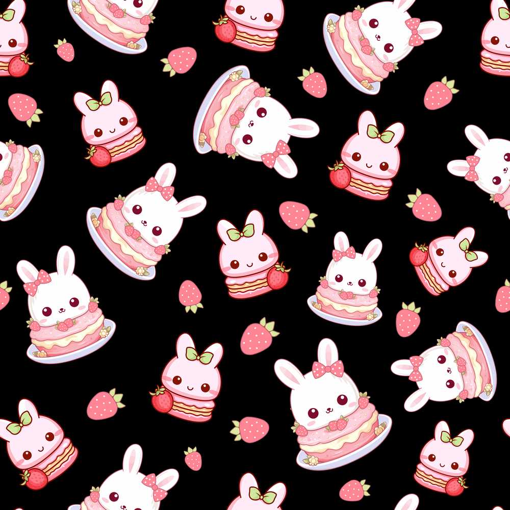 Cute Strawberry Bunny Macaron Dessert Kawaii Black Background
