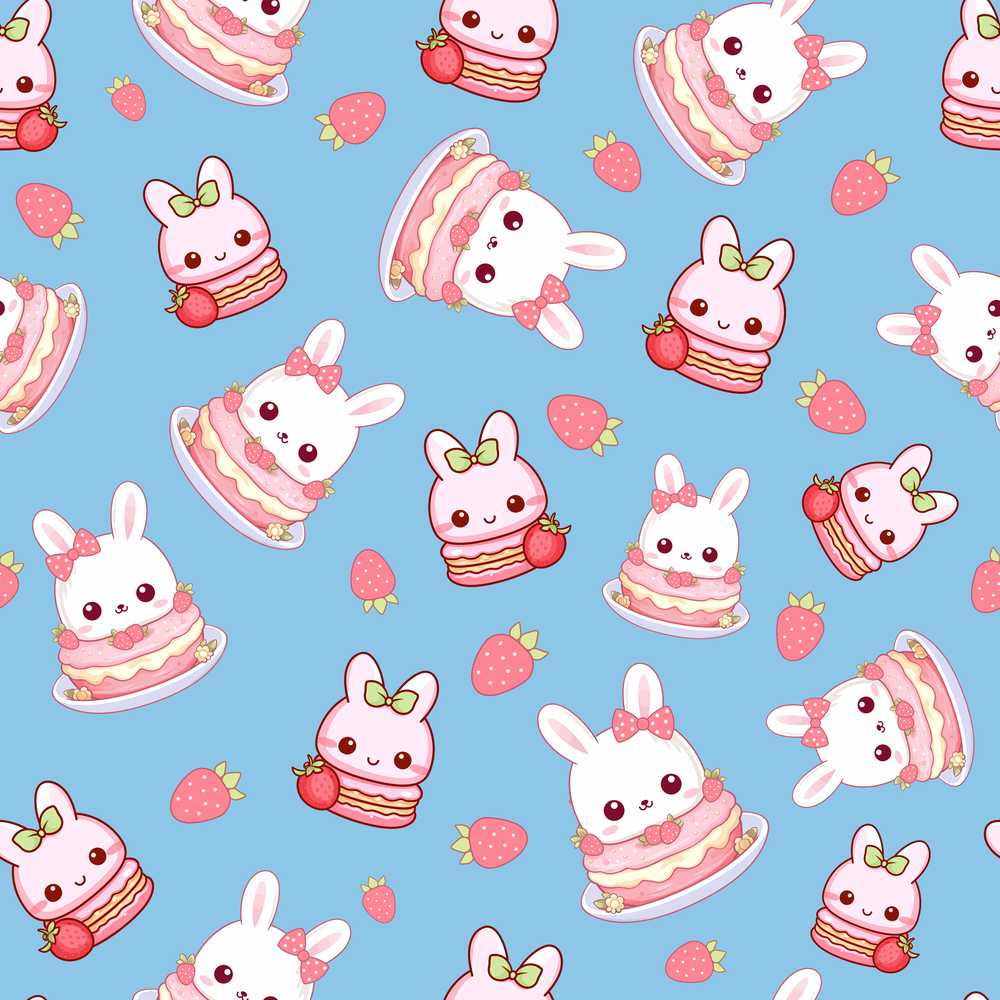 Cute Strawberry Bunny Macaron Dessert Kawaii Blue Background