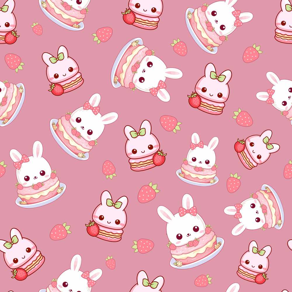 Cute Strawberry Bunny Macaron Dessert Kawaii Pink Background