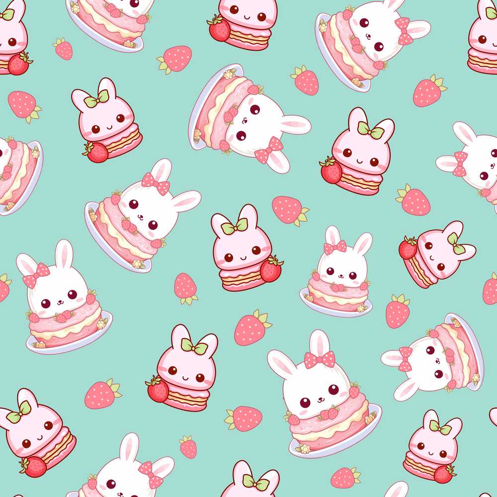 Cute Strawberry Bunny Macaron Dessert Kawaii Mint Background
