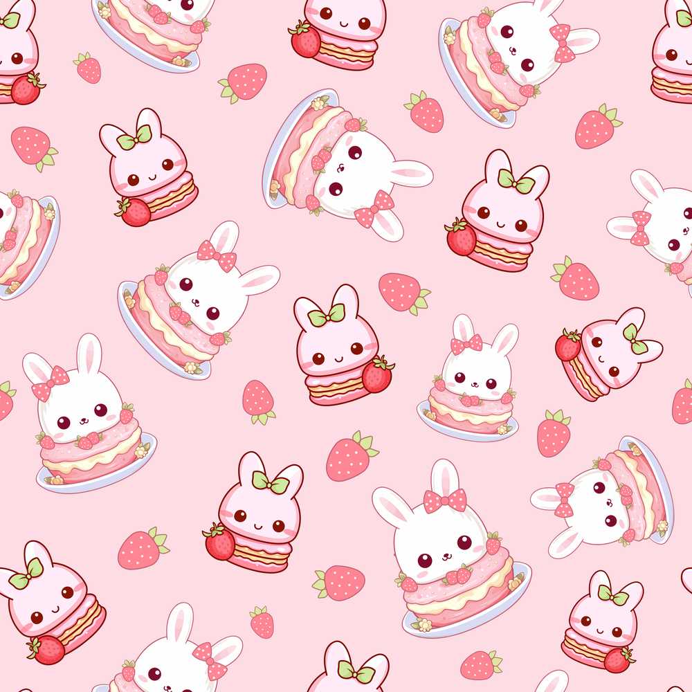 Cute Strawberry Bunny Macaron Dessert Kawaii Pink Background