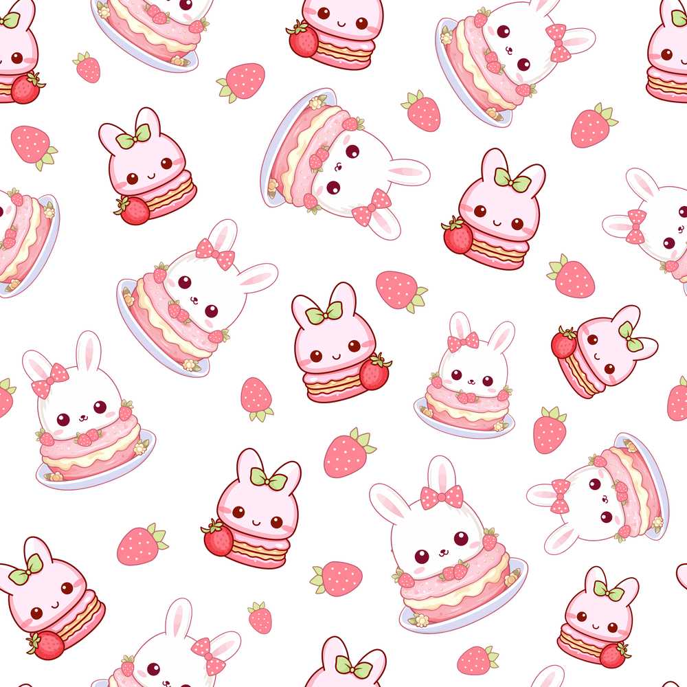 Cute Strawberry Bunny Macaron Dessert Kawaii White Background