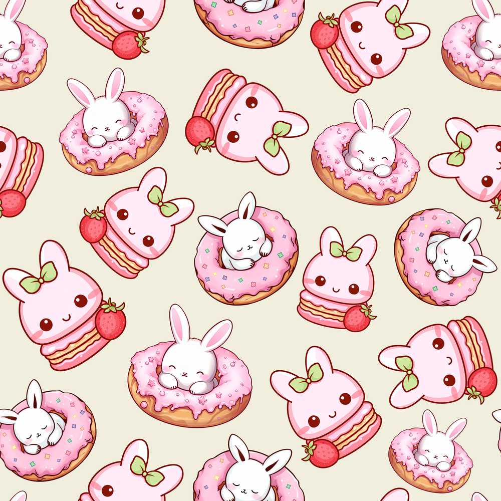 Cute Bunny Donut Strawberry Dessert Kawaii Cream Background