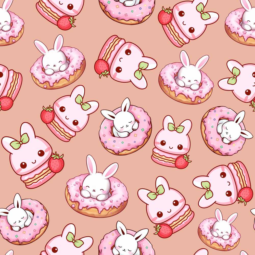 Cute Bunny Donut Strawberry Dessert Kawaii Peach Background
