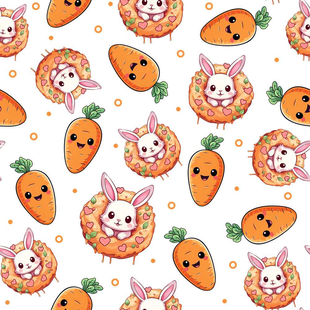 Cute Bunny Donut Carrot Kawaii Easter Dessert Grey Background