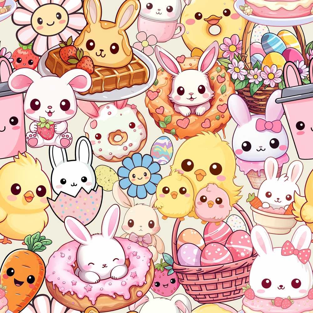 Easter Bunny Donut Basket Kawaii Pastel Cream Background
