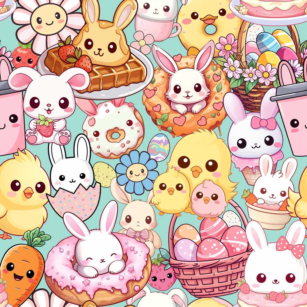 Cute Easter Bunny Chick Donut Basket Kawaii Mint Background