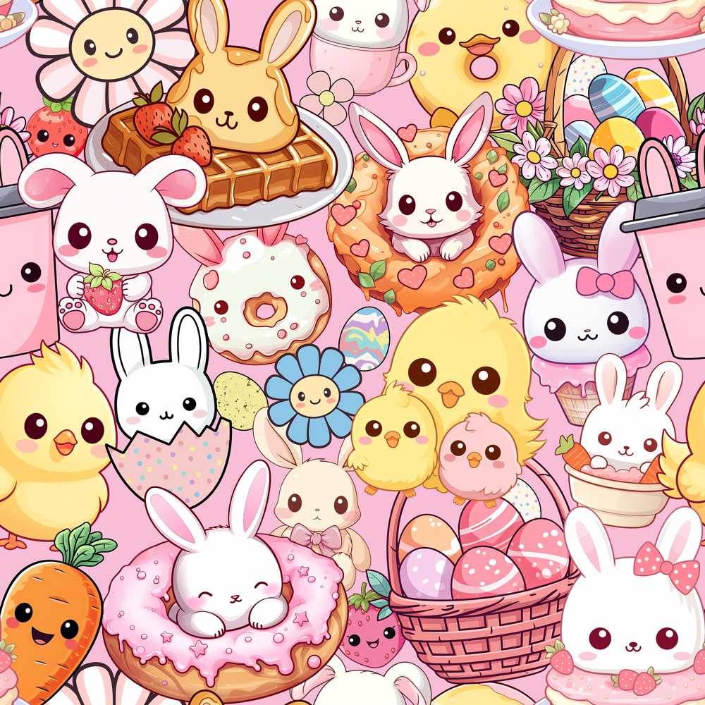 Cute Easter Bunny Chick Donut Basket Pink Background