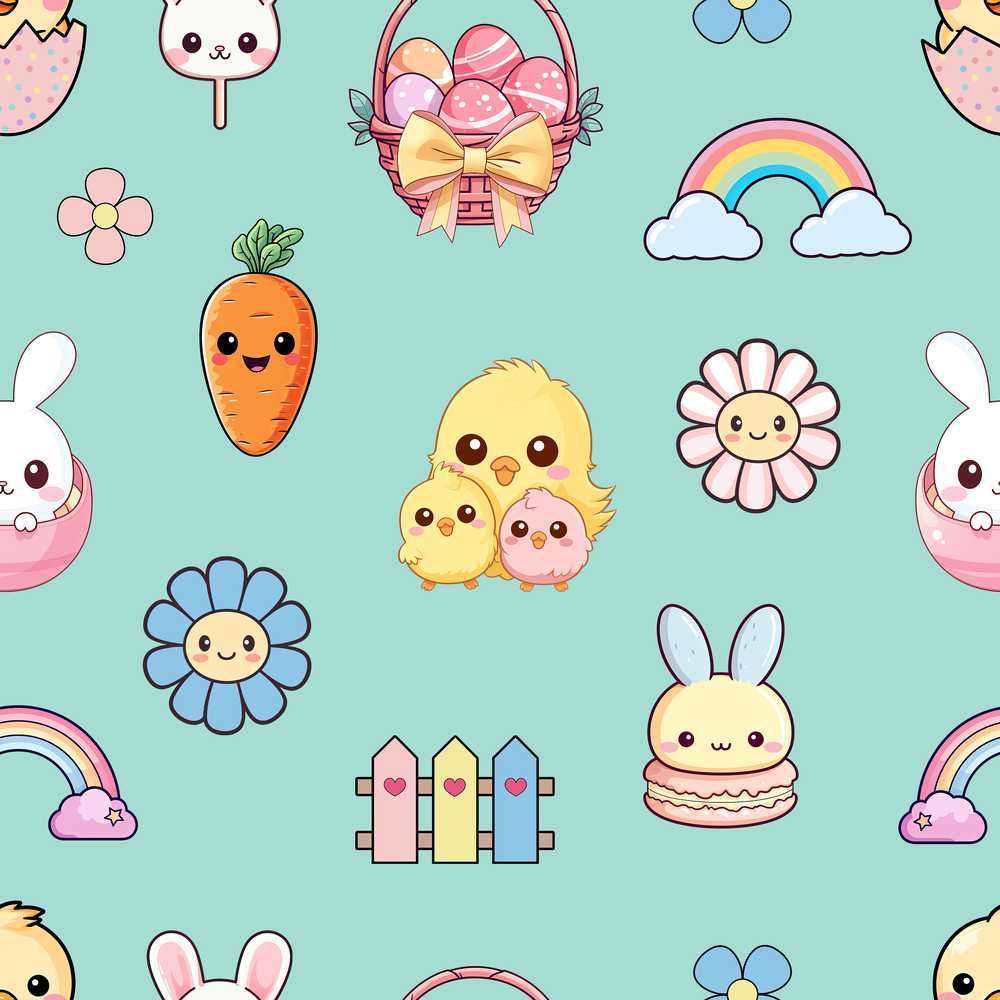 Easter Chick Bunny Carrot Rainbow Fence Kawai Mint Background