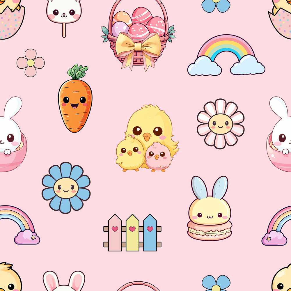 Easter Chick Bunny Carrot Rainbow Flower Pink Background Wildflower
