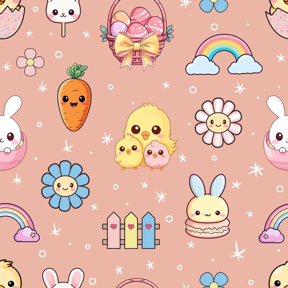 Easter Chick Bunny Carrot Rainbow Flower Peach Background Wildflower