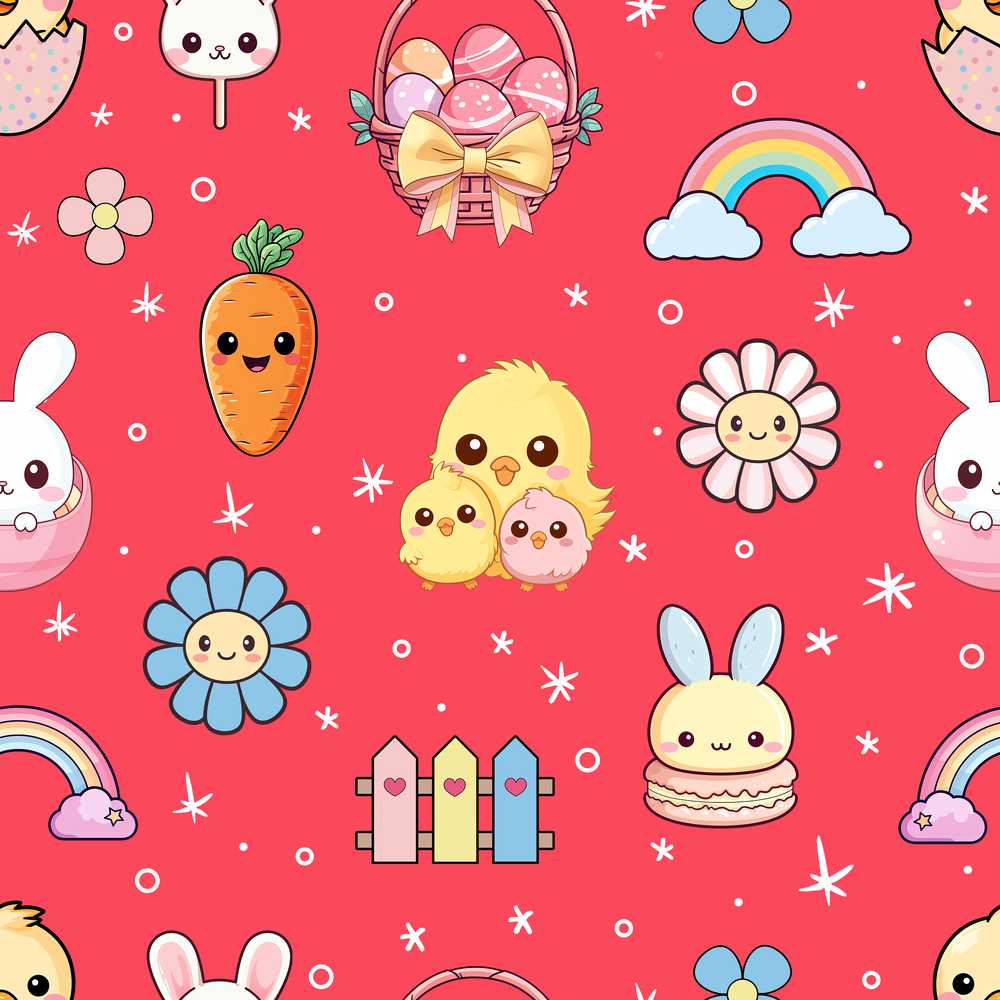 Easter Chick Bunny Carrot Rainbow Flower Kawai Red Background