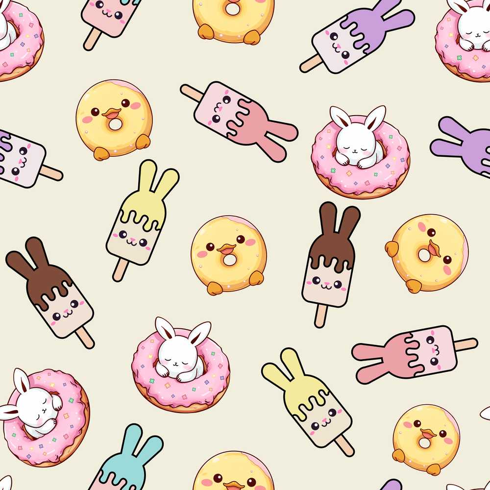 Cute Easter Bunny Ice Cream Donut Chick Kawaii Cream Background