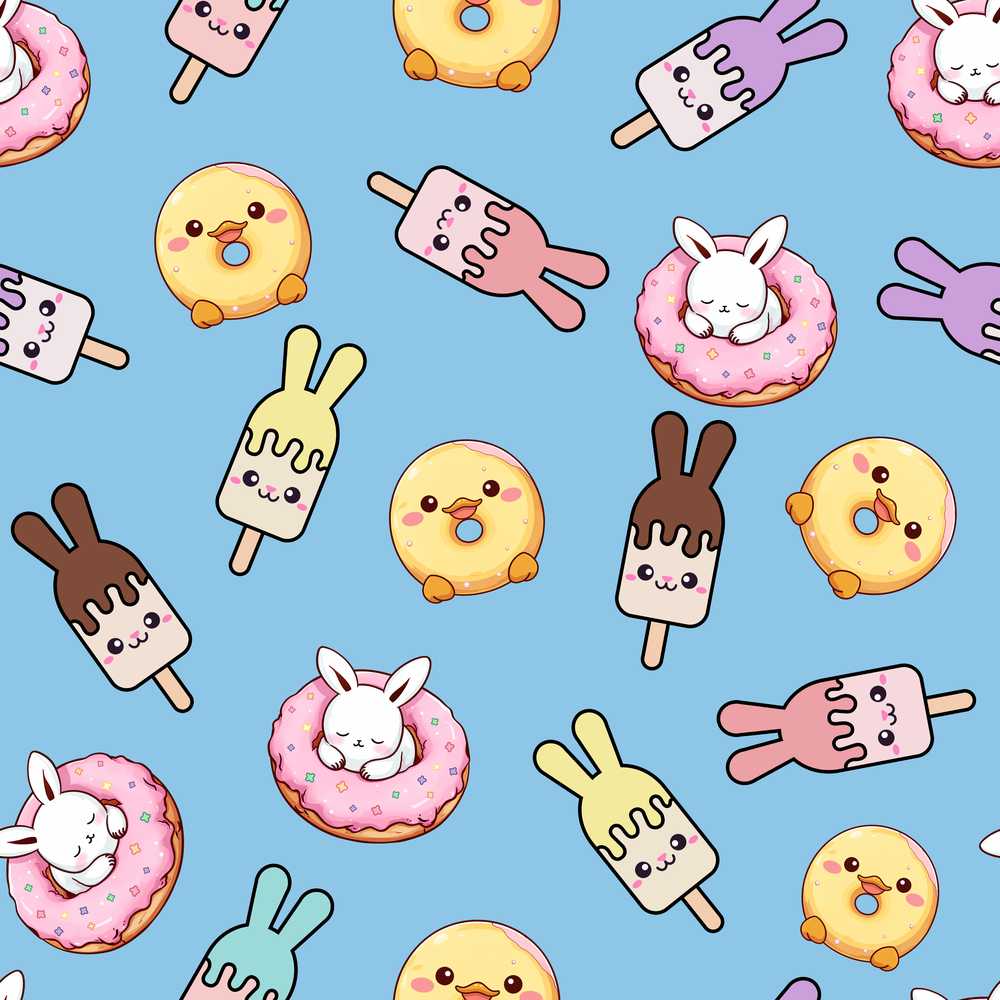 Cute Easter Bunny Ice Cream Donut Chick Kawaii Blue Background