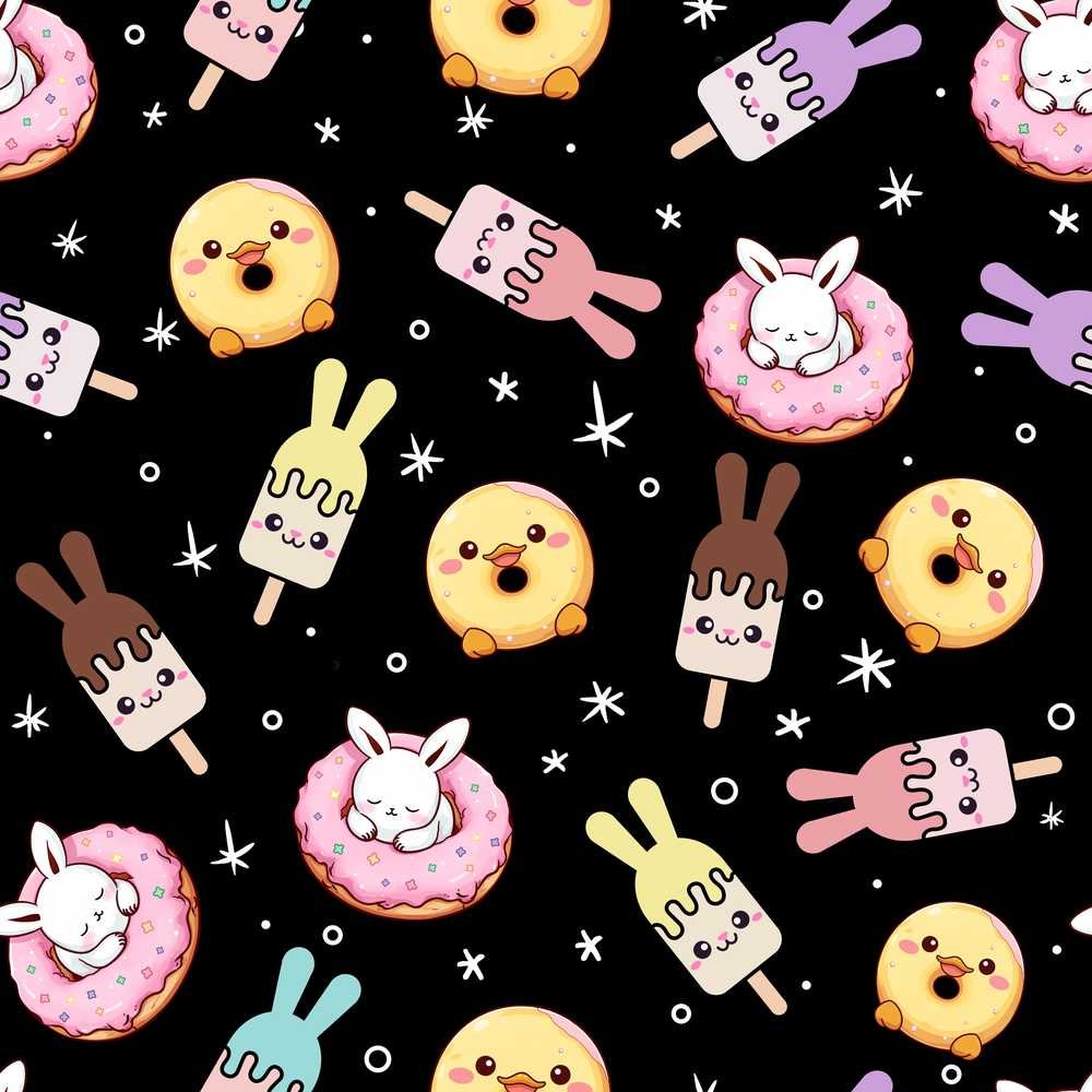 Cute Easter Bunny Ice Cream Donut Chick Kawaii Black Starry