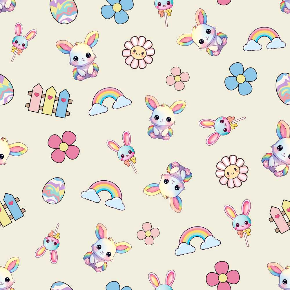 Cute Rainbow Bunny Flower Egg Pastel Kawaii Cream Background