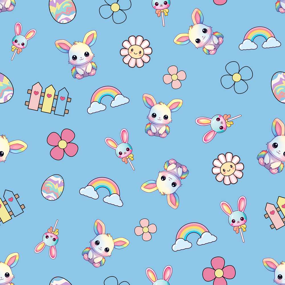 Cute Rainbow Bunny Flower Egg Pastel Kawaii Blue Background