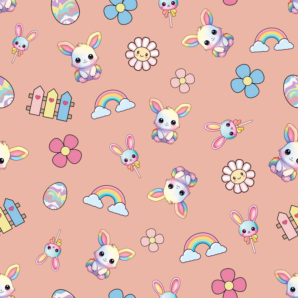 Cute Rainbow Bunny Flower Egg Pastel Kawaii Peach Background