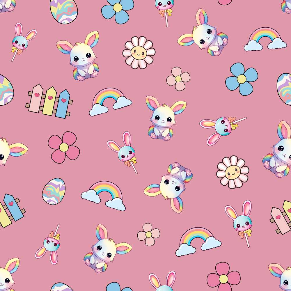 Cute Rainbow Bunny Flower Egg Pastel Kawaii Pink Background