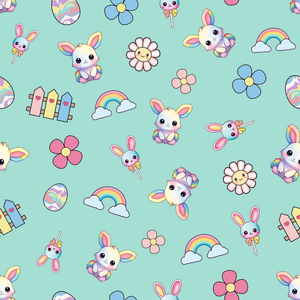 Cute Rainbow Bunny Flower Egg Pastel Kawaii Mint Background