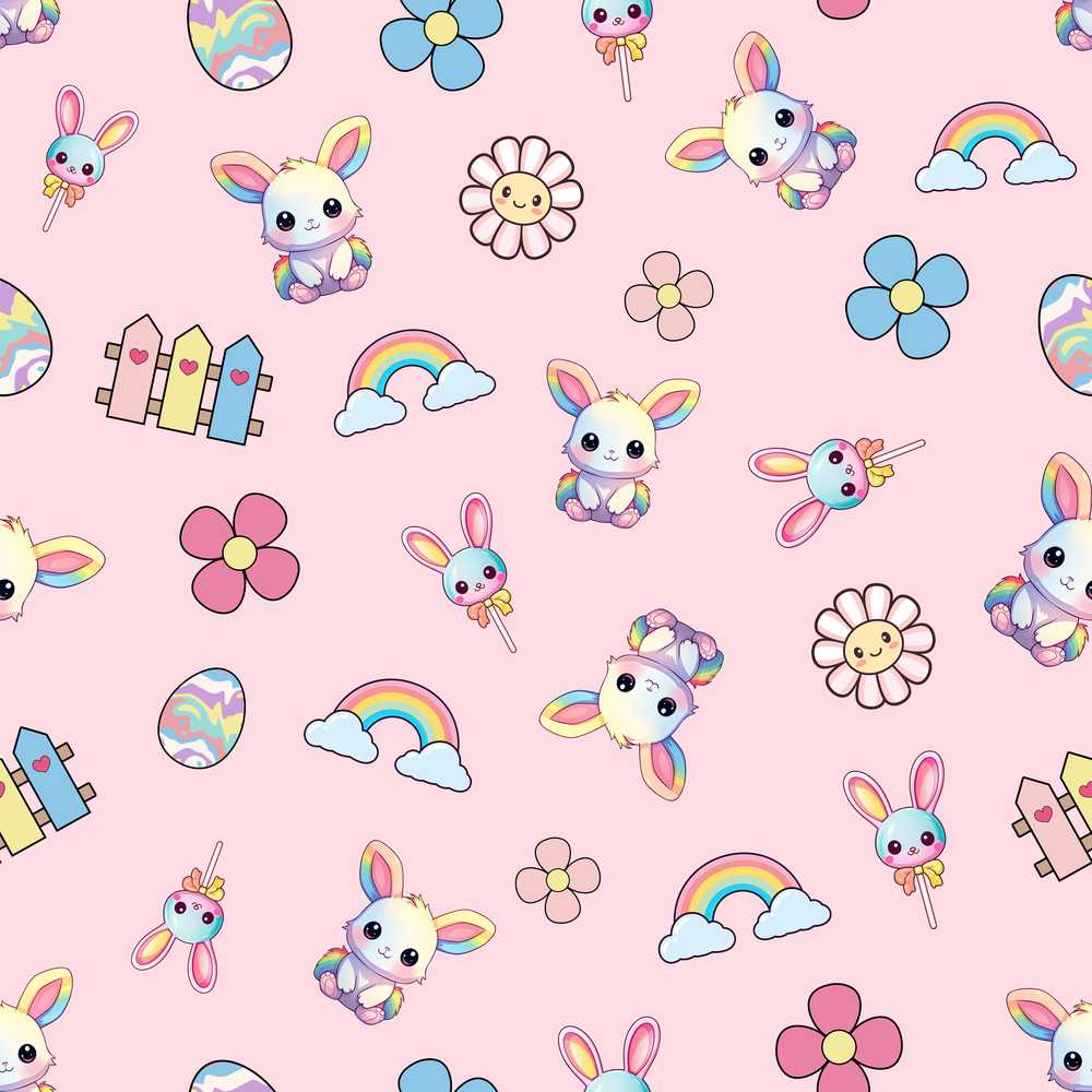 Cute Rainbow Bunny Flower Egg Pastel Pink Background Wildflower