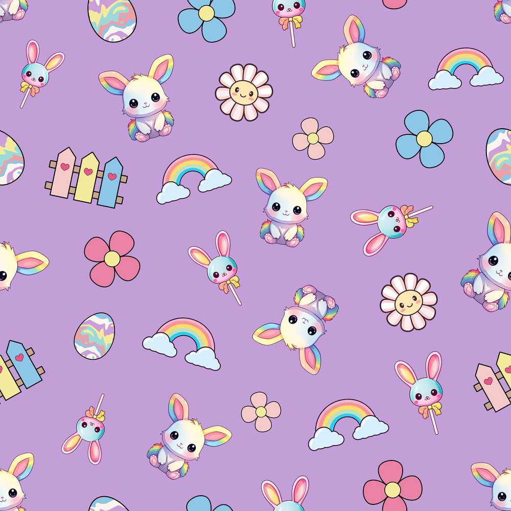 Cute Rainbow Bunny Flower Egg Pastel Purple Background Wildflower