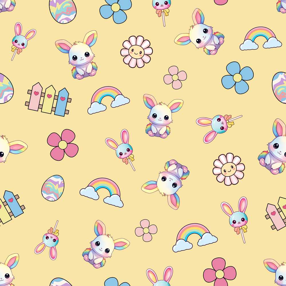 Cute Rainbow Bunny Flower Egg Pastel Yellow Background Wildflower