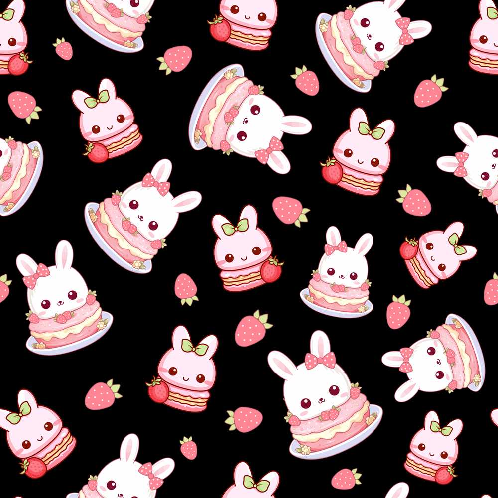 Cute Strawberry Bunny Cake Dessert Kawaii Black Background