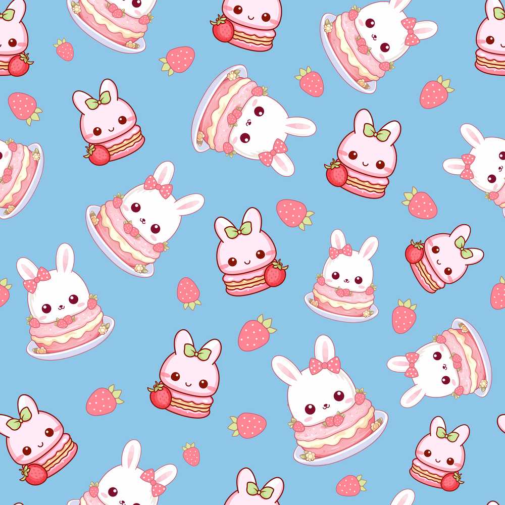 Cute Strawberry Bunny Cake Dessert Kawaii Blue Background