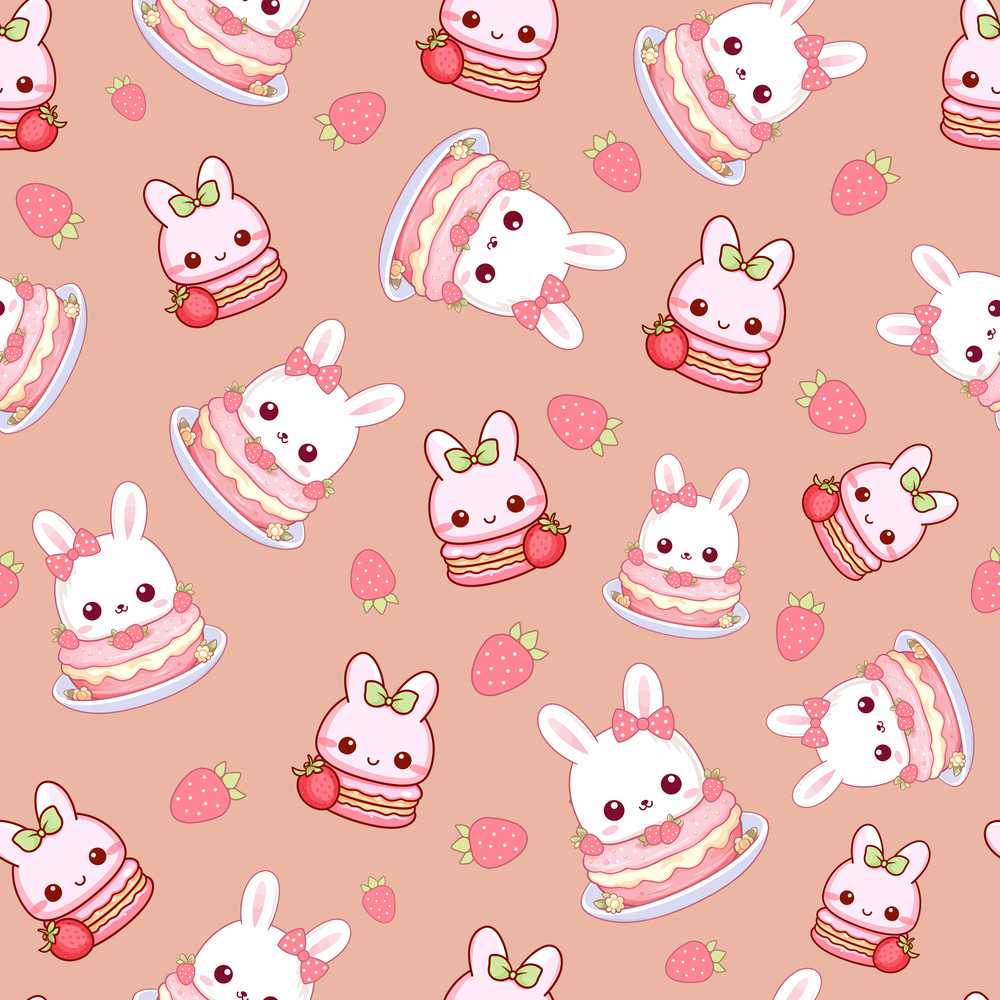 Cute Strawberry Bunny Cake Dessert Kawaii Peach Background