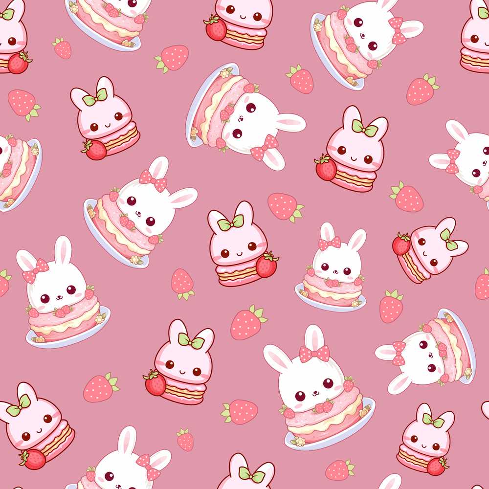 Cute Strawberry Bunny Cake Dessert Pink Background Illustration