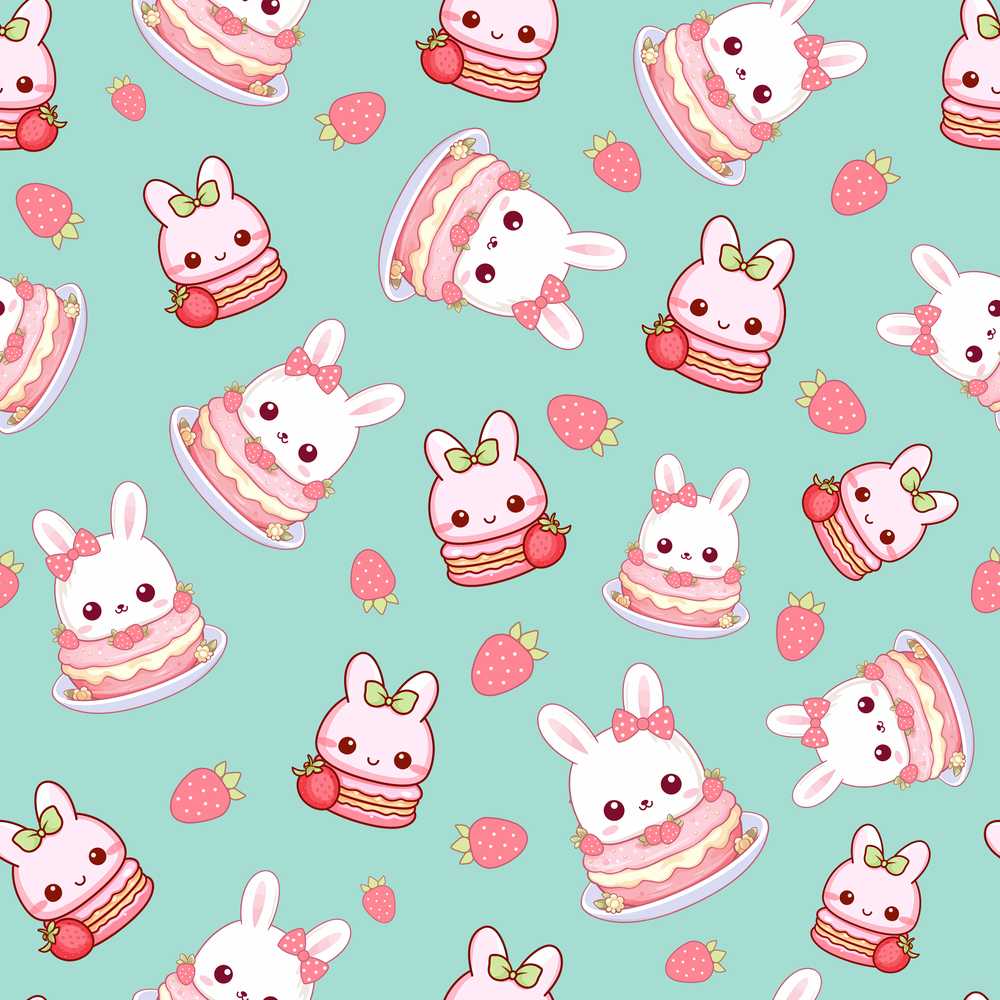 Cute Strawberry Bunny Cake Dessert Mint Background Illustration