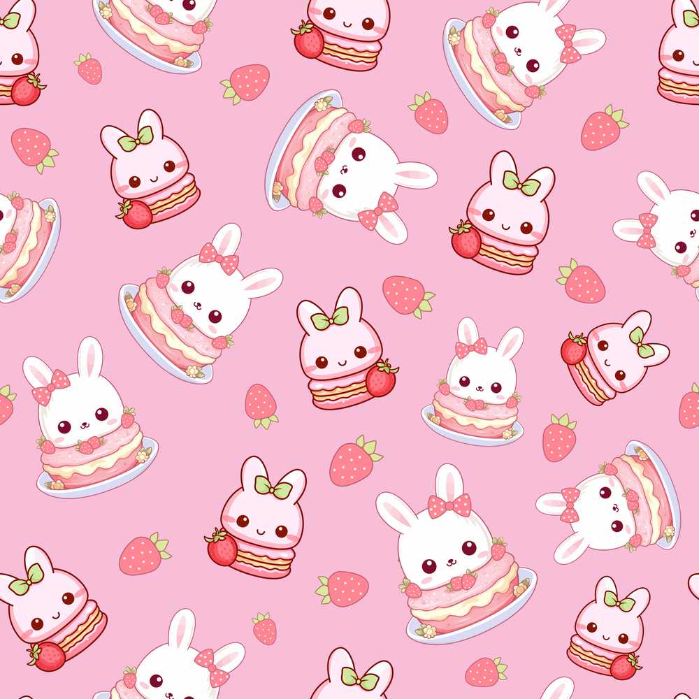 Cute Strawberry Bunny Cake Dessert Rose Background Wildflower Pattern