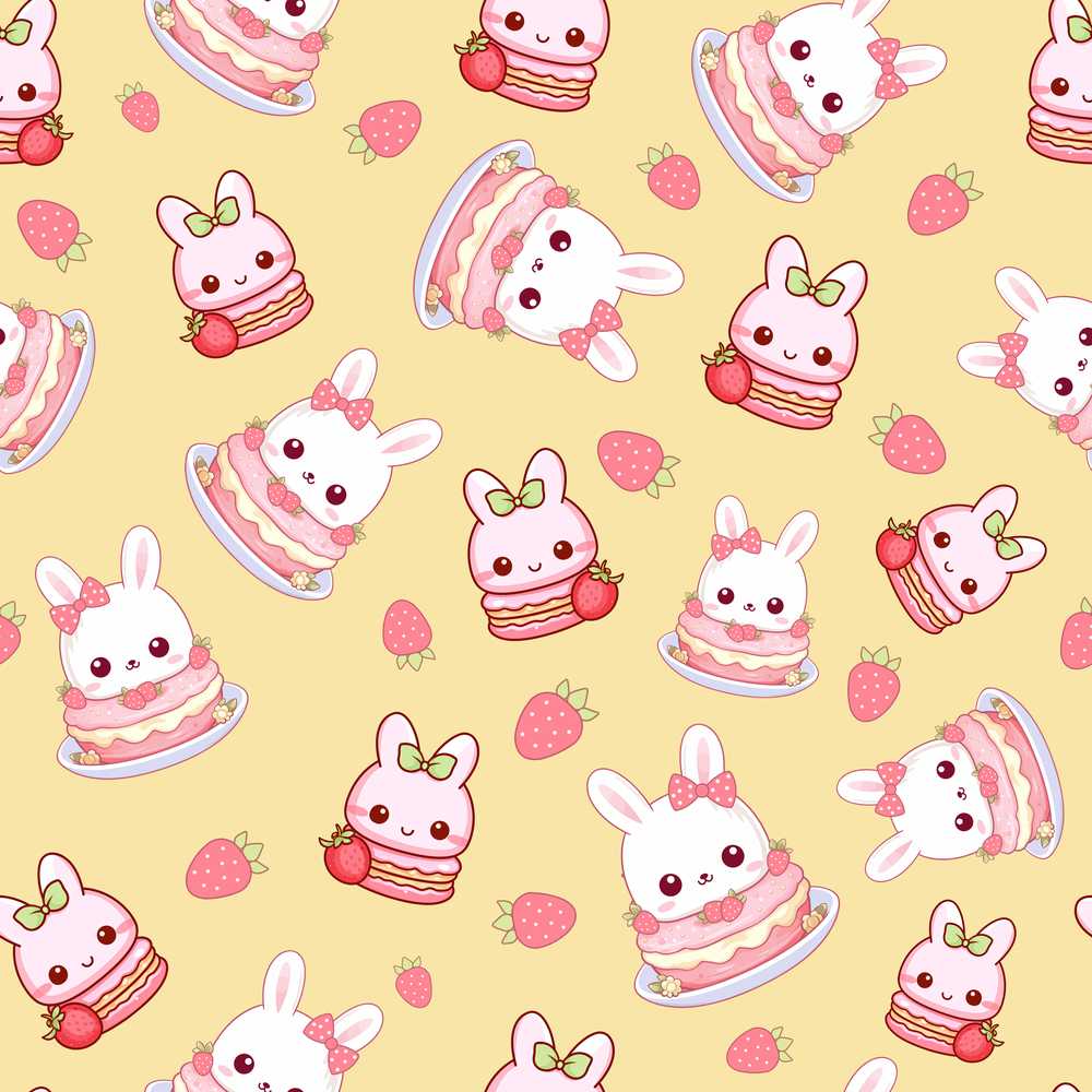 Cute Strawberry Bunny Cake Dessert Yellow Background Illustration