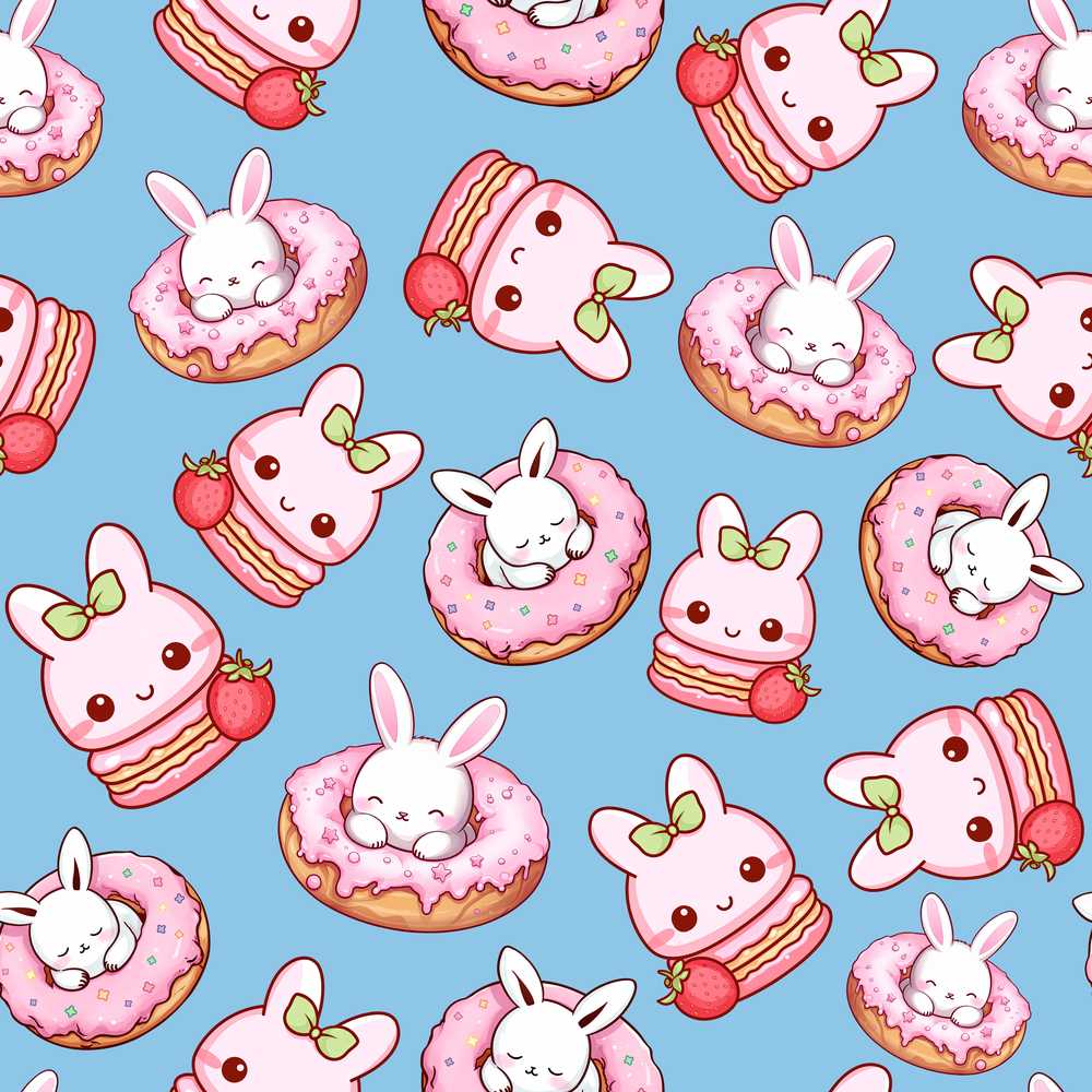 Cute Bunny Donut Dessert Kawaii Blue Background Illustration