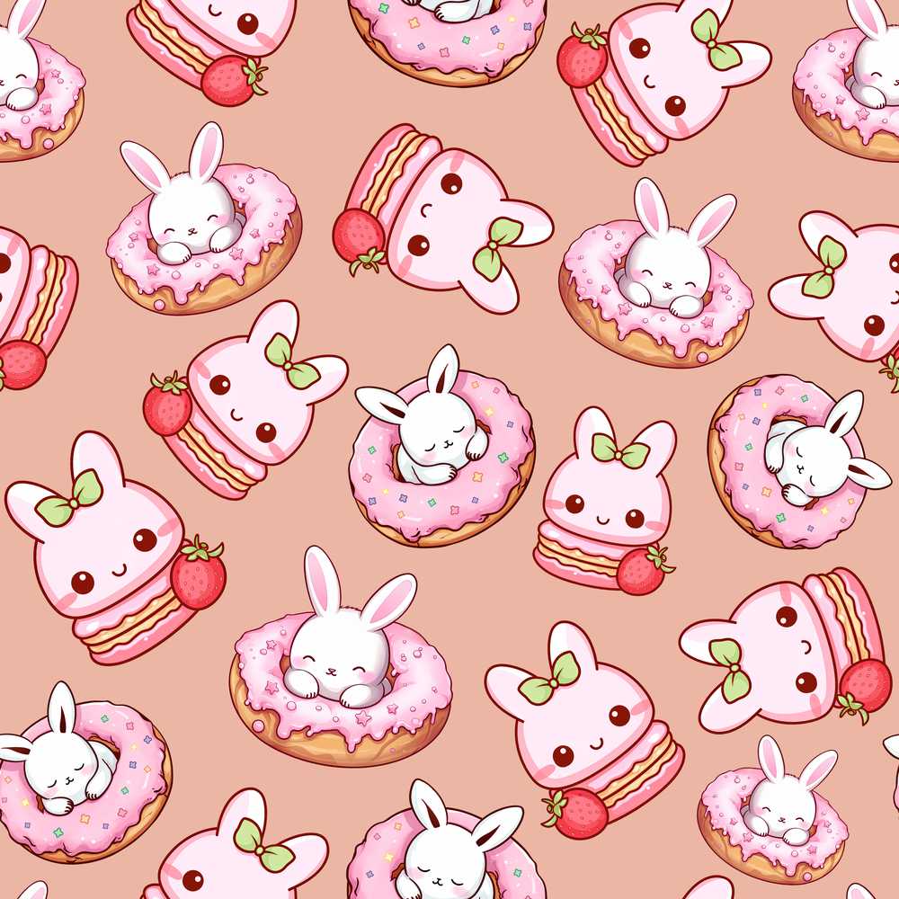 Cute Bunny Donut Dessert Kawaii Peach Background Illustration