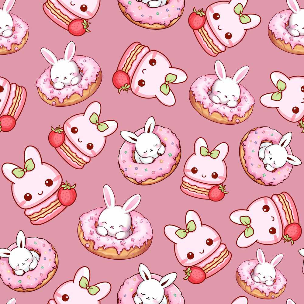 Cute Bunny Donut Dessert Kawaii Pink Background Illustration