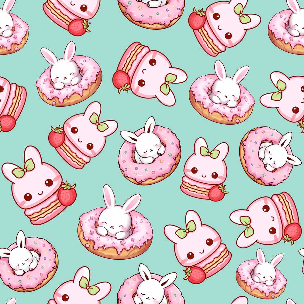 Cute Bunny Donut Dessert Kawaii Mint Background Illustration