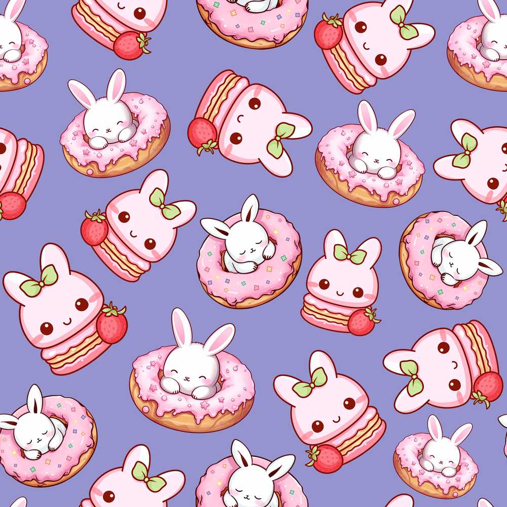 Cute Bunny Donut Dessert Kawaii Purple Background Illustration