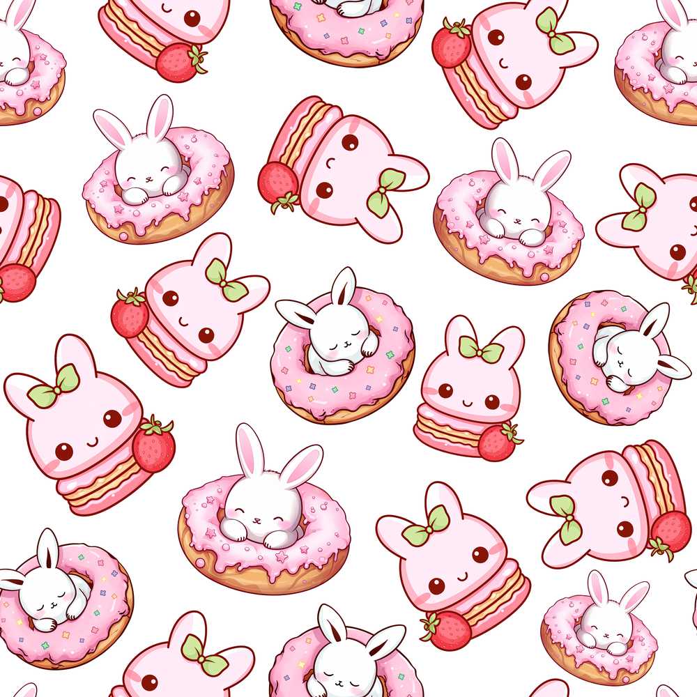 Cute Bunny Donut Dessert Kawaii Grey Background Illustration