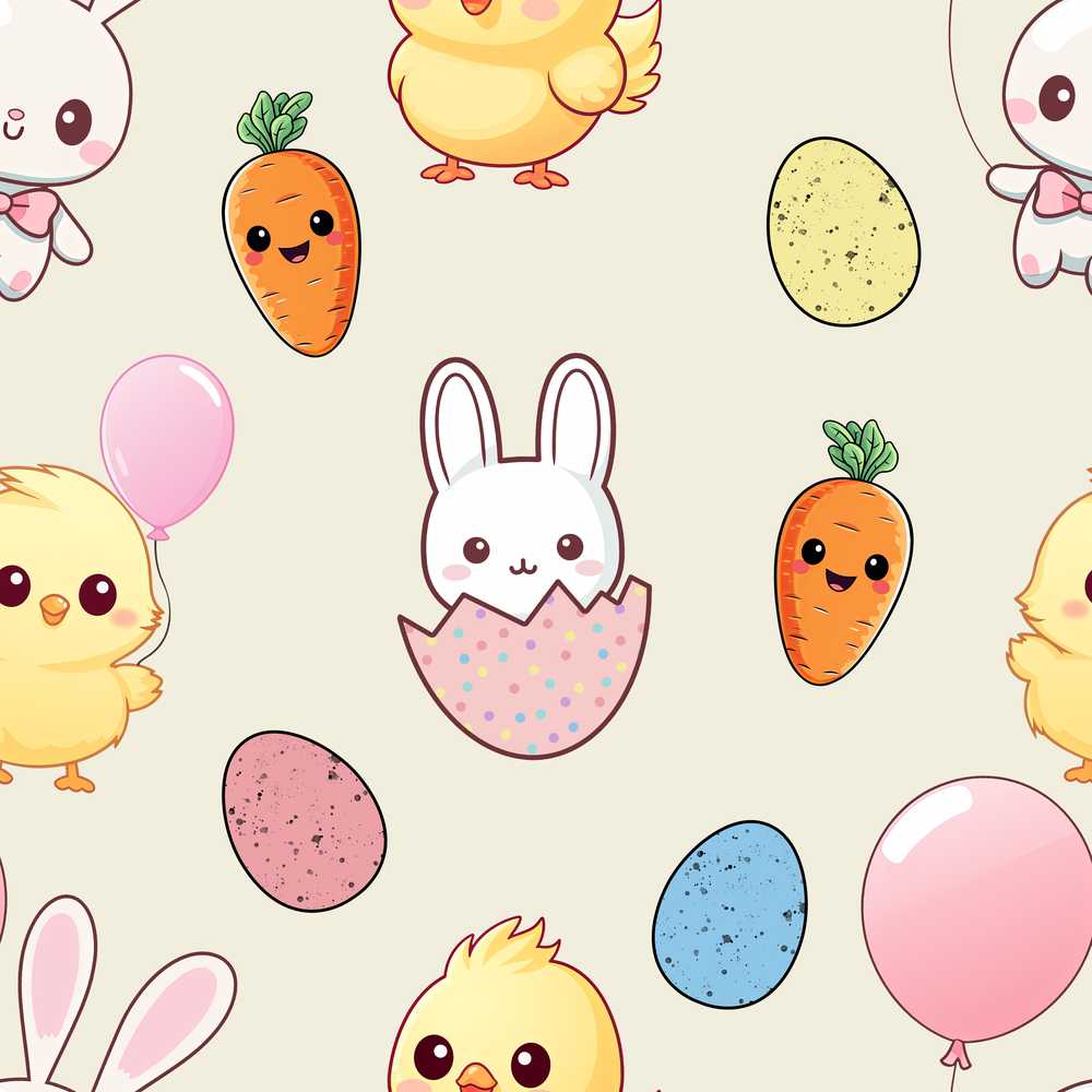 Cute Easter Bunny Chick Carrot Egg Kawaii Illustration
