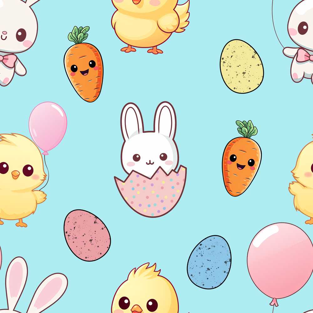 Cute Easter Bunny Chick Carrot Egg Blue Background
