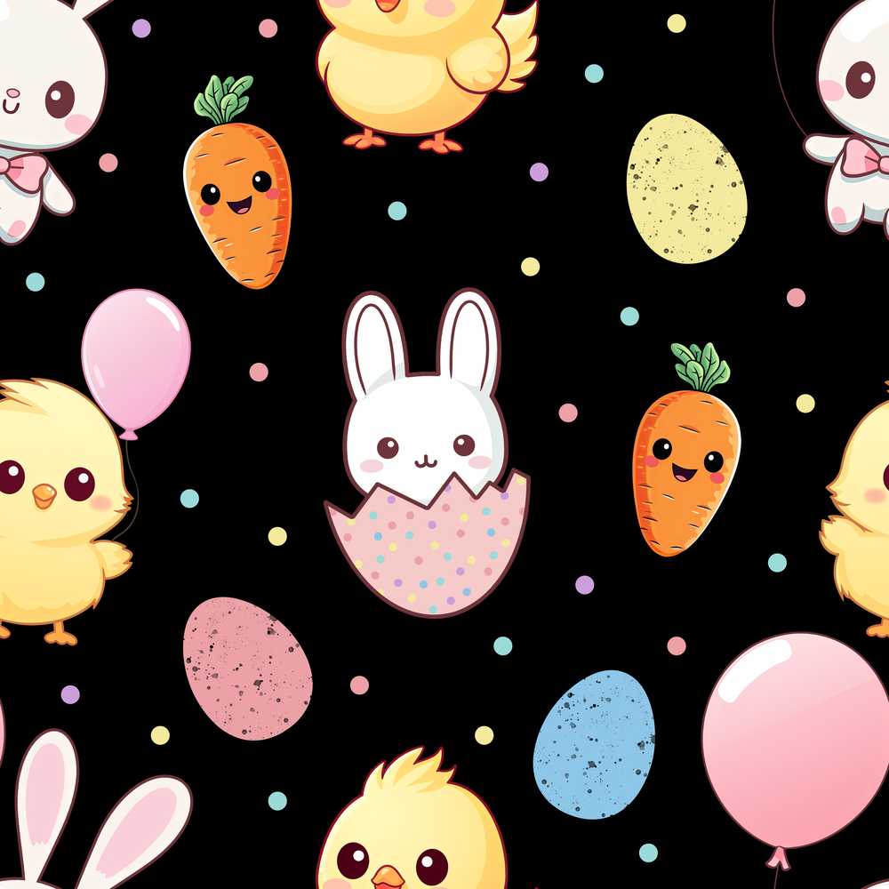Cute Easter Bunny Chick Carrot Egg Black Background
