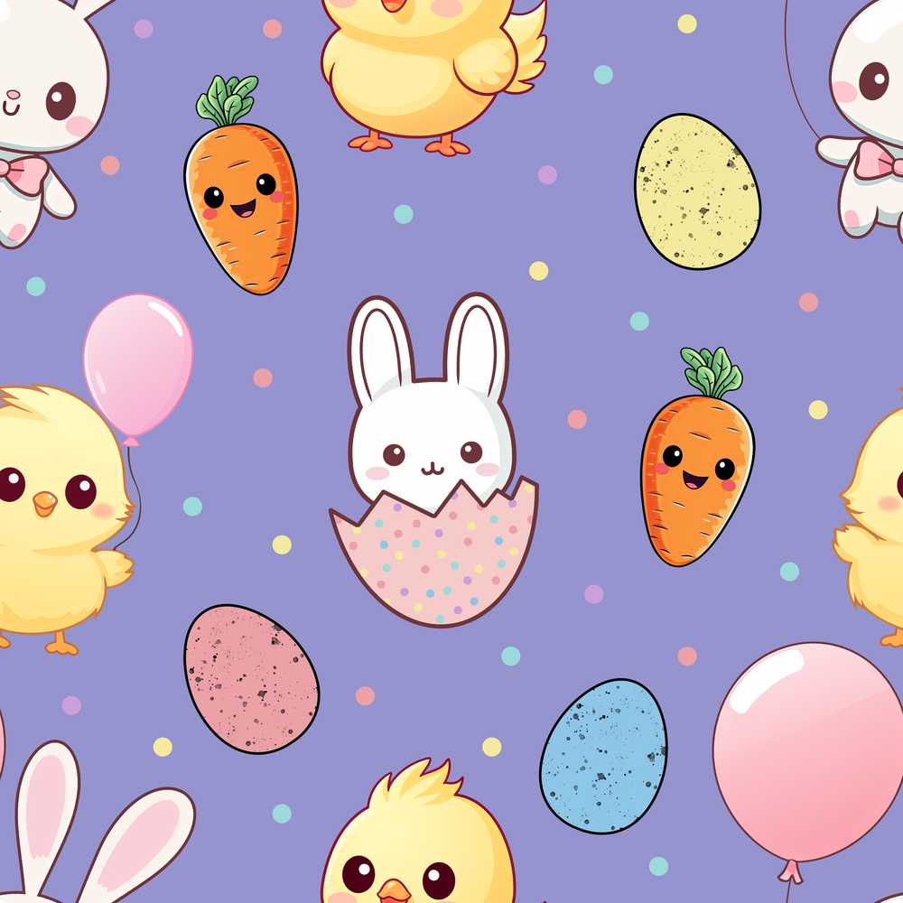 Cute Easter Bunny Chick Carrot Egg Purple Background