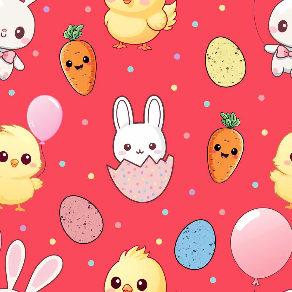 Cute Easter Bunny Chick Carrot Egg Red Background