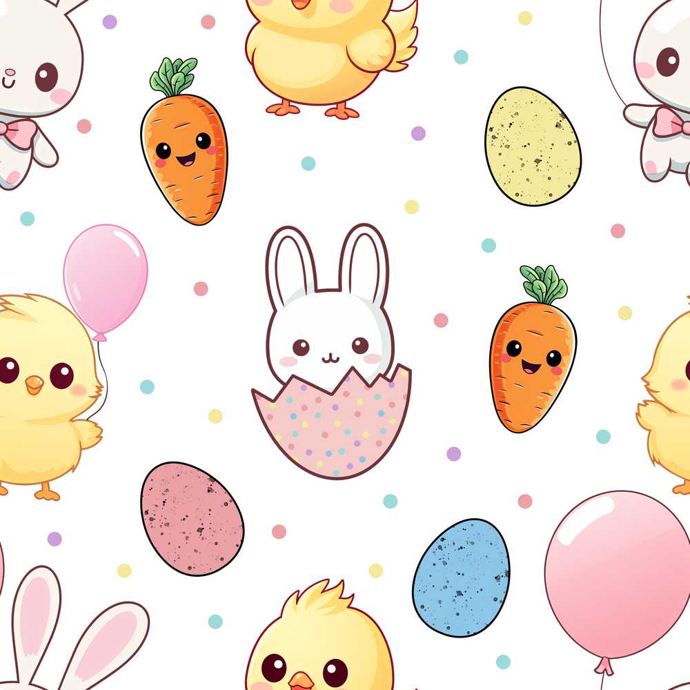 Cute Easter Bunny Chick Carrot Egg Grey Background