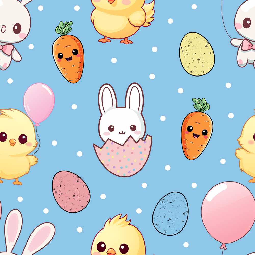 Cute Easter Bunny Chick Carrot Egg Blue Polka Dot