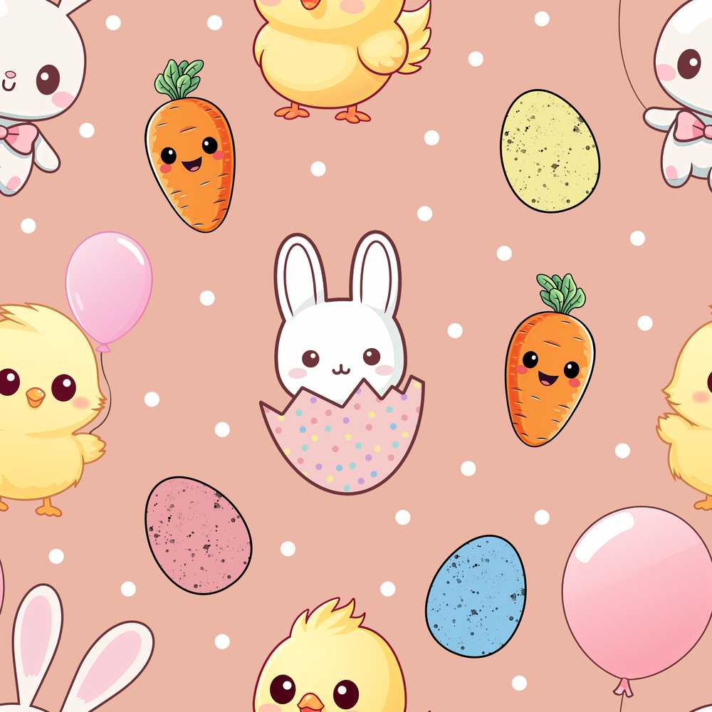 Cute Easter Bunny Chick Carrot Egg Beige Polka Dot
