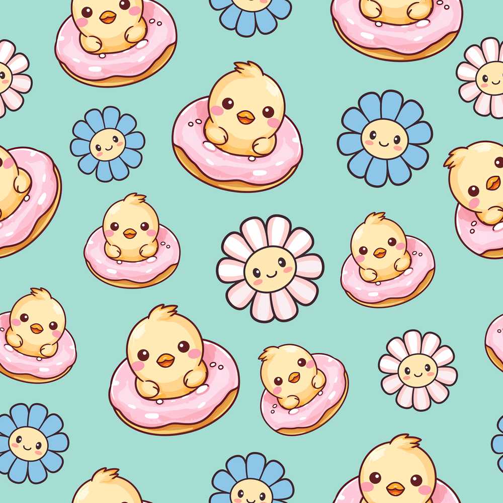 Kawaii Chick Sitting on Donut with Flowers Mint Background